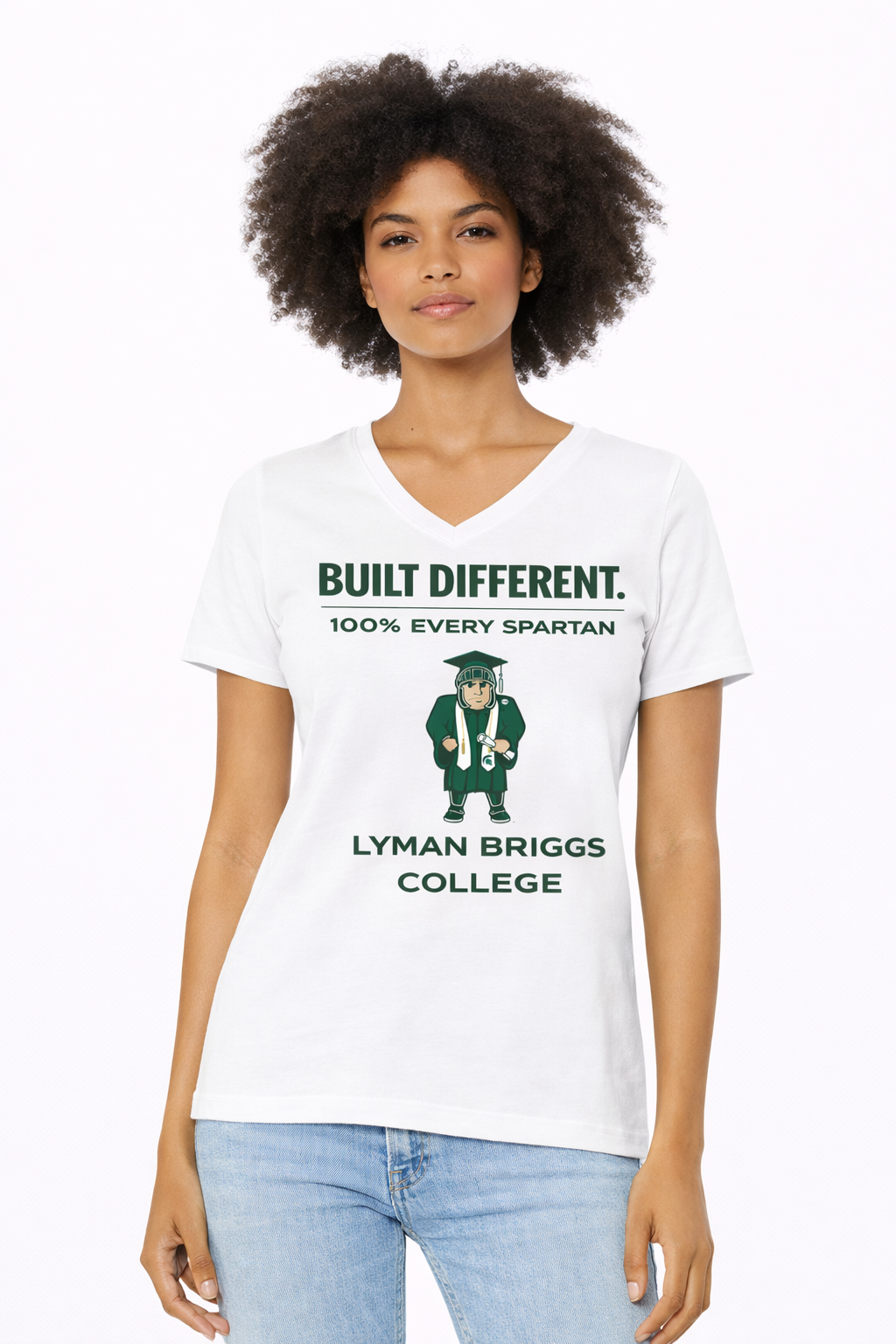 A white V-neck t-shirt featuring the green text 