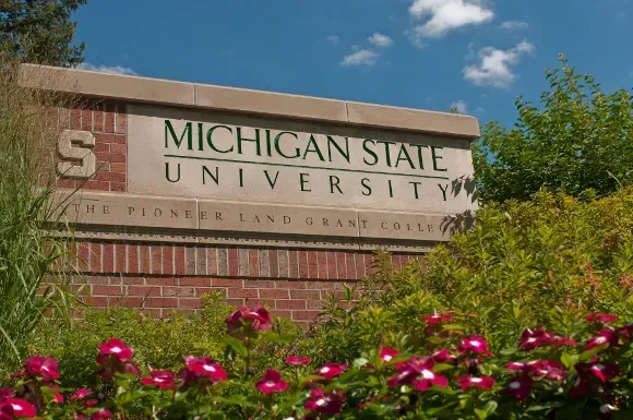 Michigan State University sign with brick base and greenery.