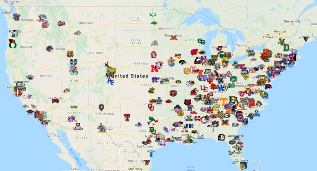 Map of the United States with numerous sports team logos overlaid, concentrated in the eastern half.