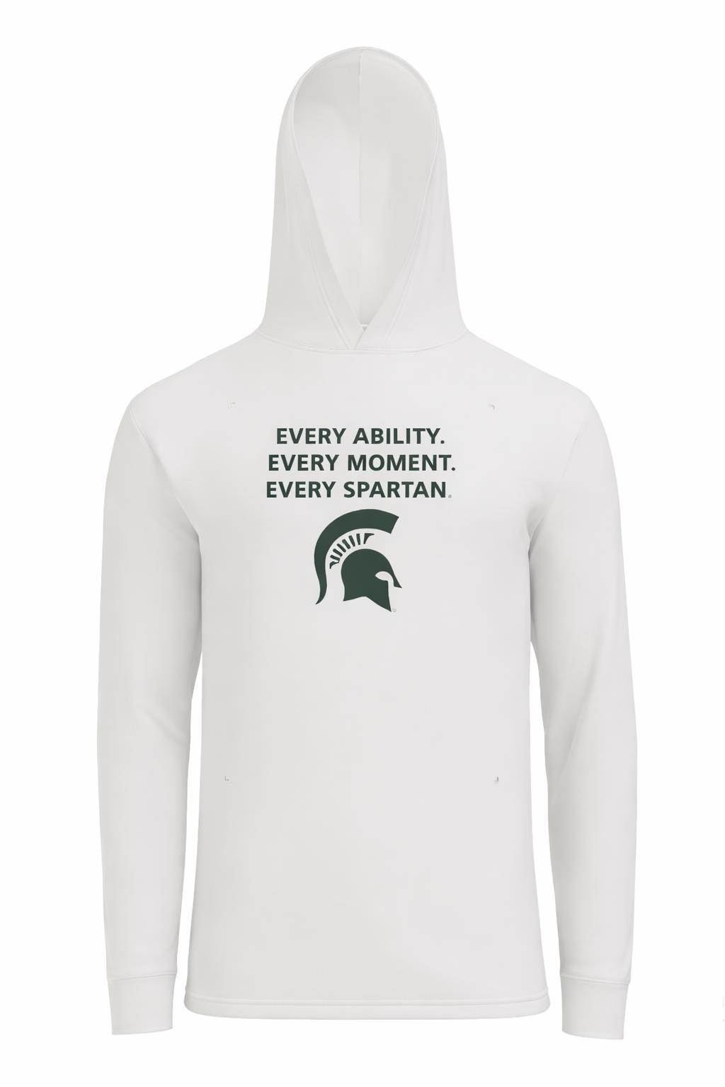 A white long-sleeved hooded sweatshirt featuring a green Spartan helmet logo and the text 