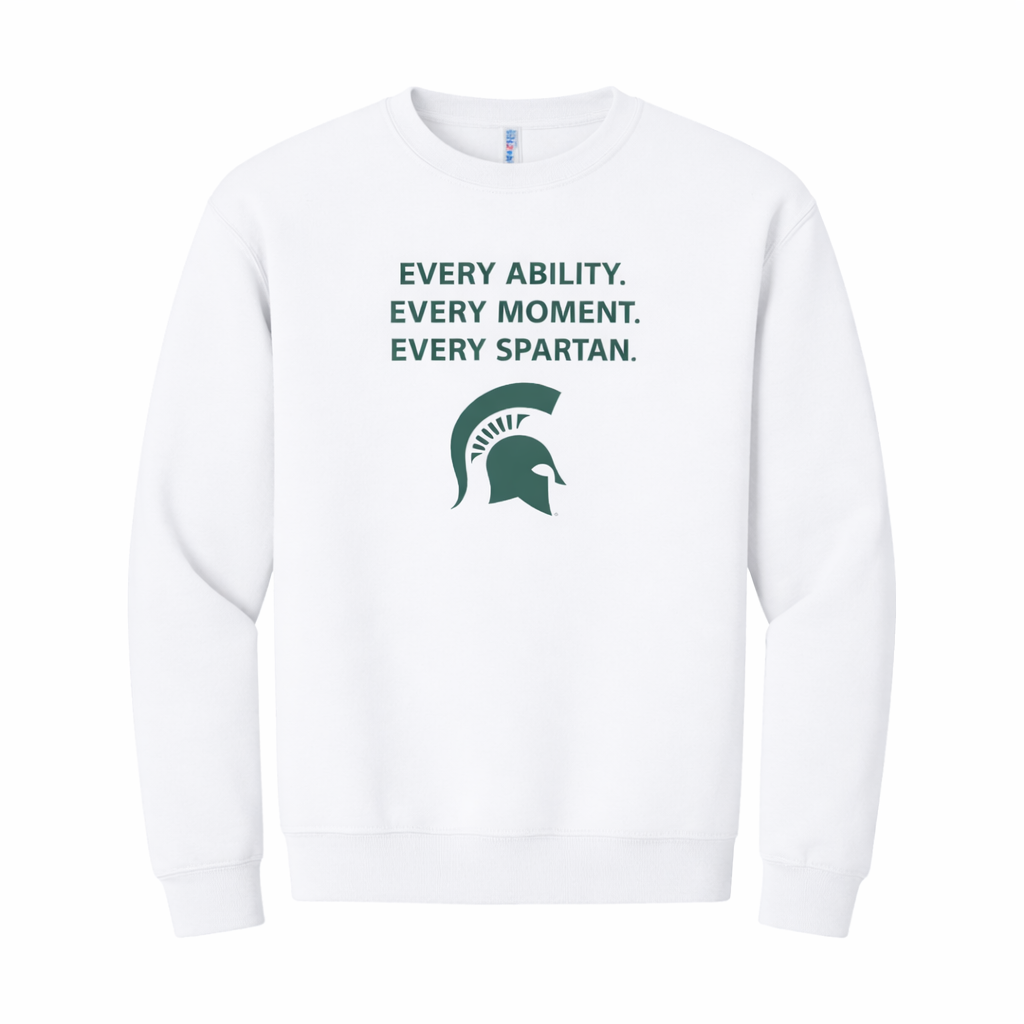 A white sweatshirt featuring the dark green text 