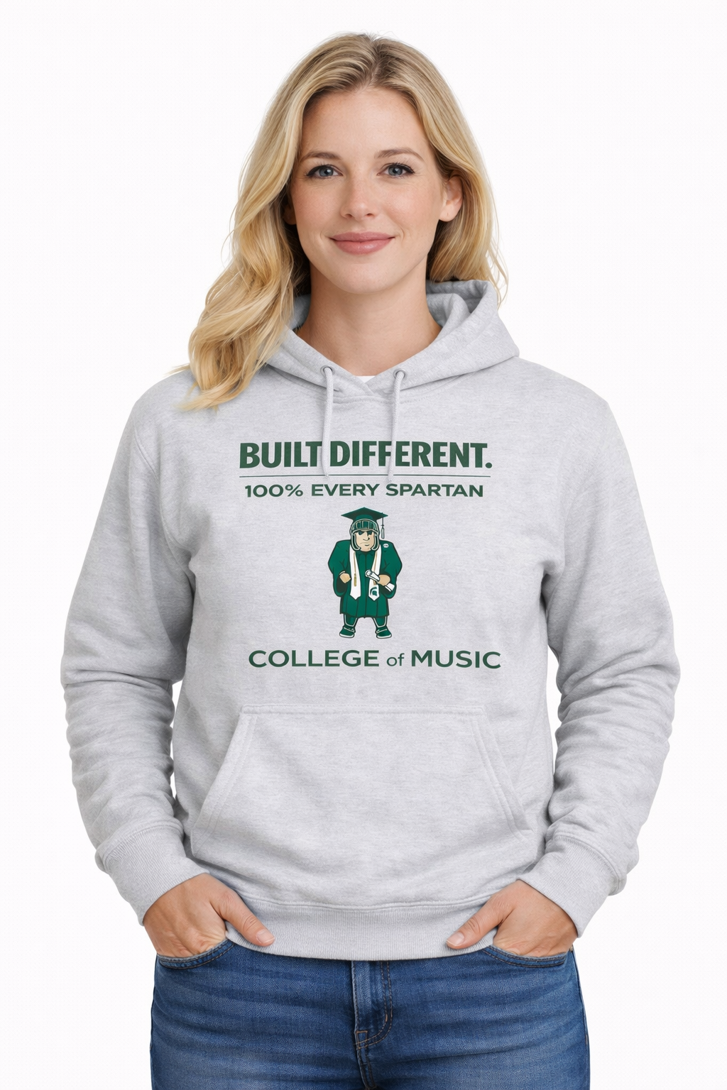 A person wearing a grey hoodie with 