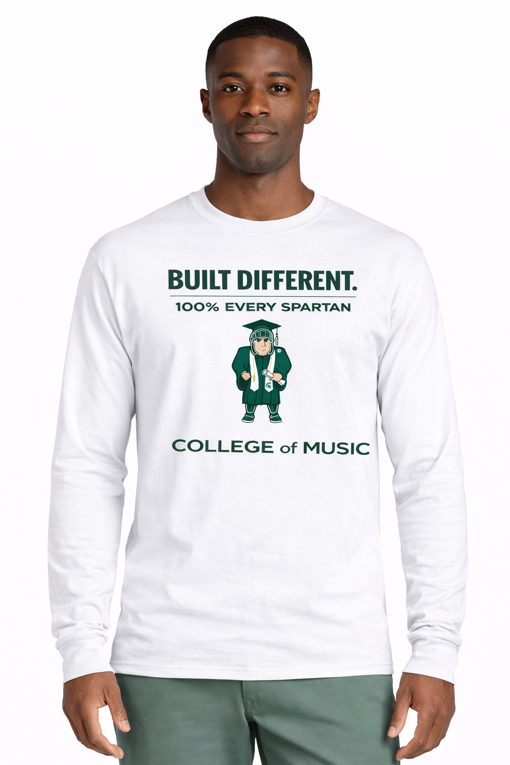 A person wearing a white long-sleeve shirt with a Michigan State Spartan mascot graphic and 
