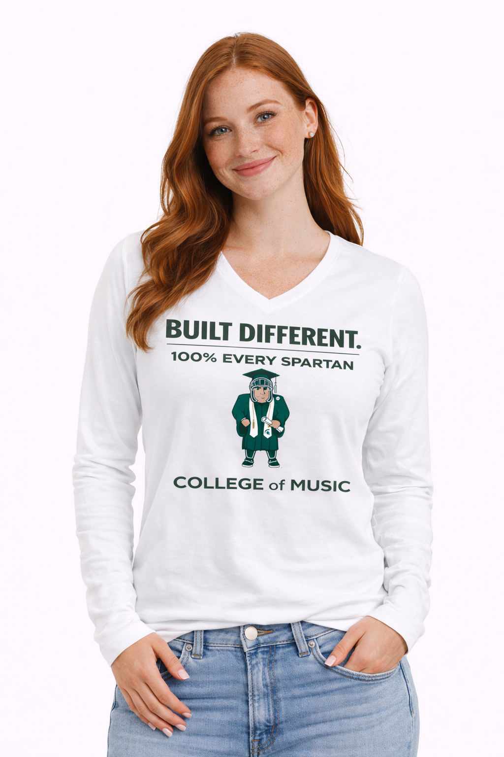 A long-sleeved white V-neck shirt featuring a Spartan mascot graphic and text reading 