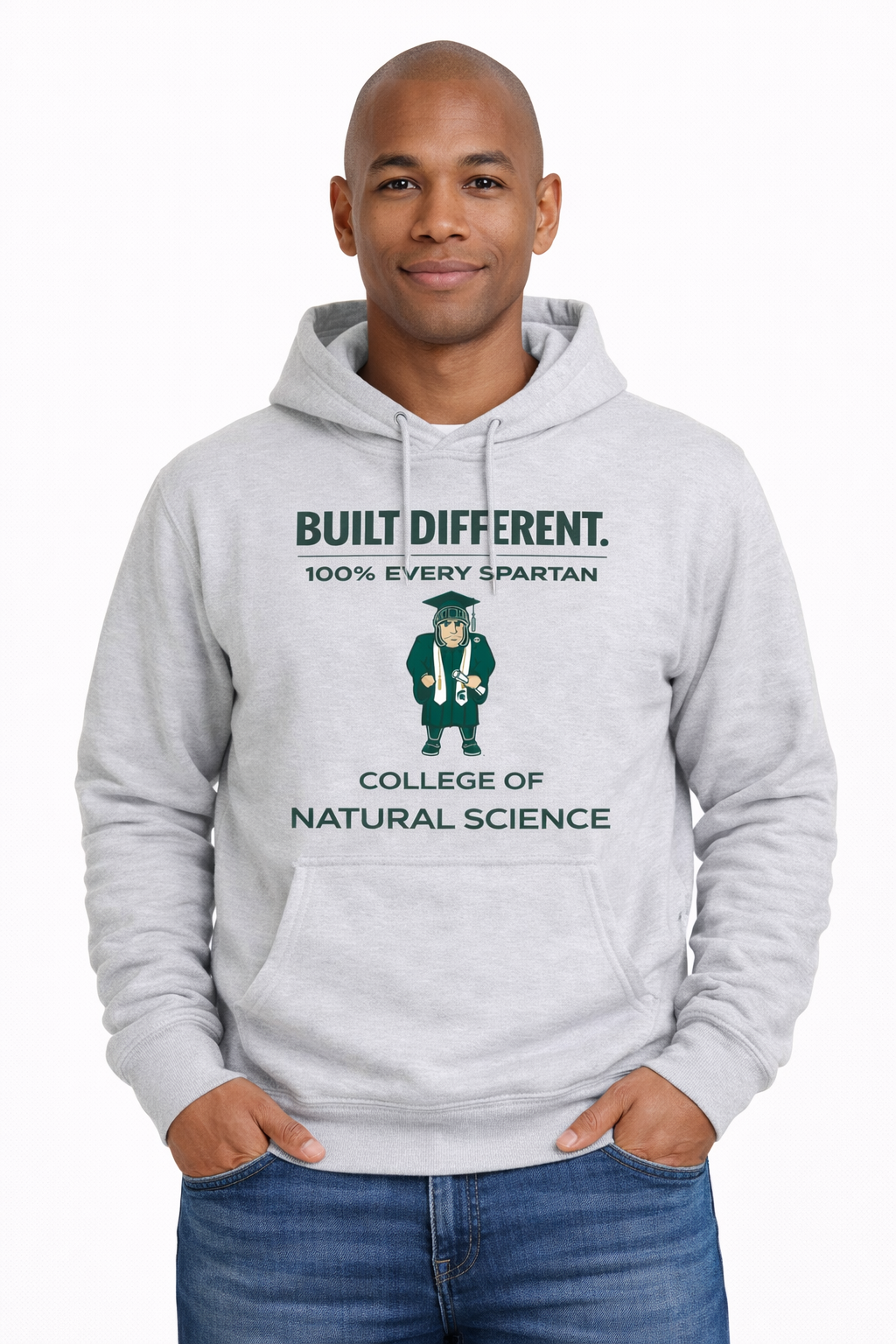 A person wearing a grey hoodie featuring the text 