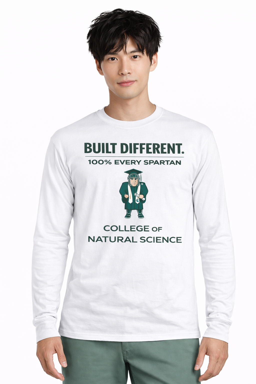 A person wearing a white, long-sleeved shirt with the text 