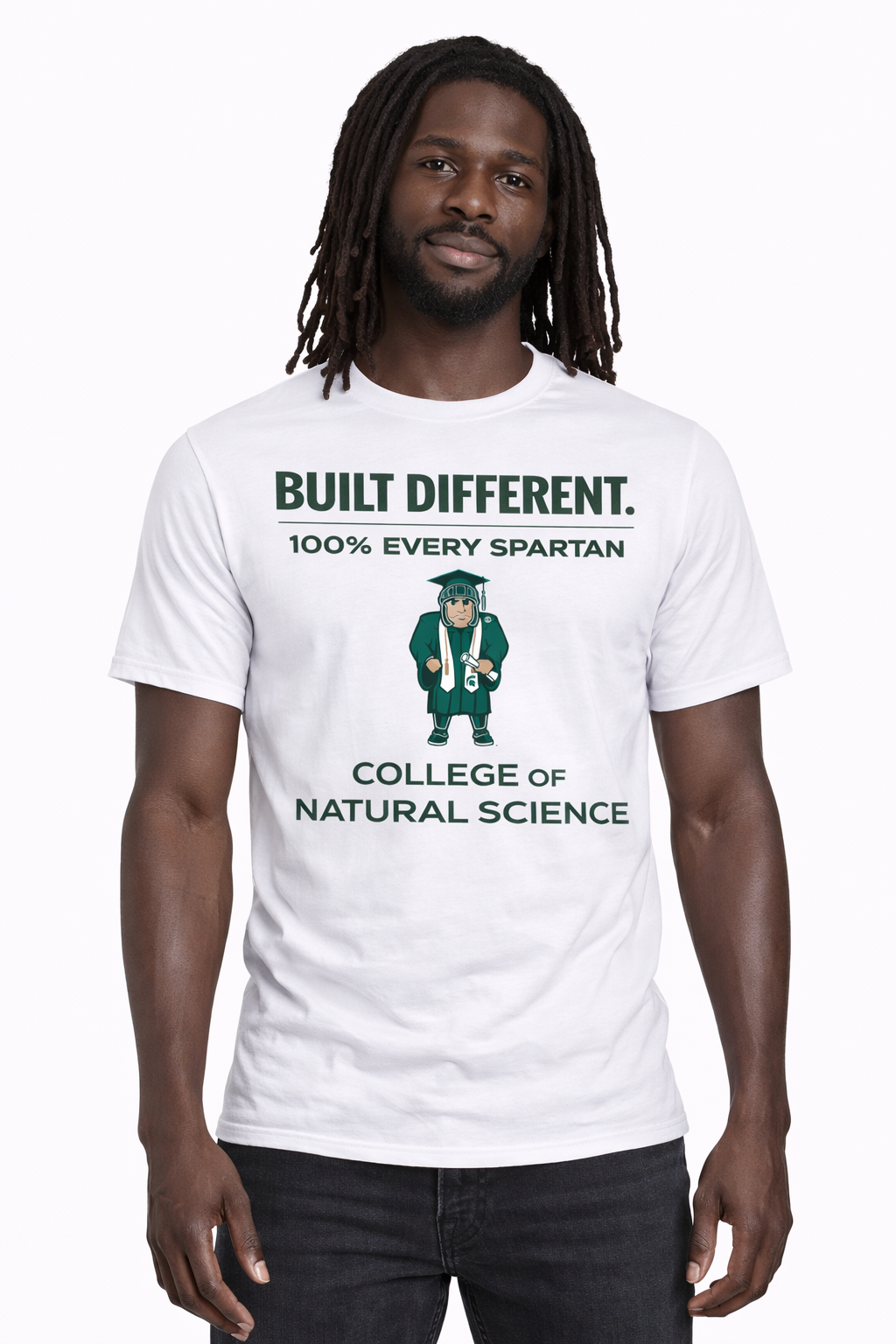 A person wearing a white tshirt that says 