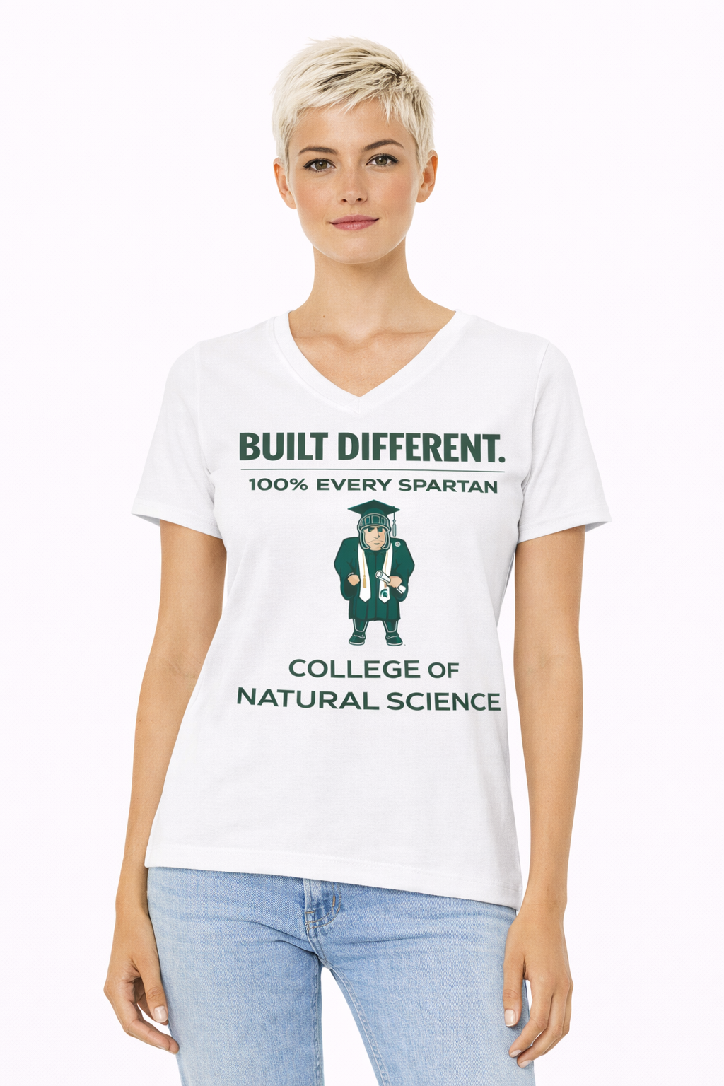 A white V-neck t-shirt featuring a 