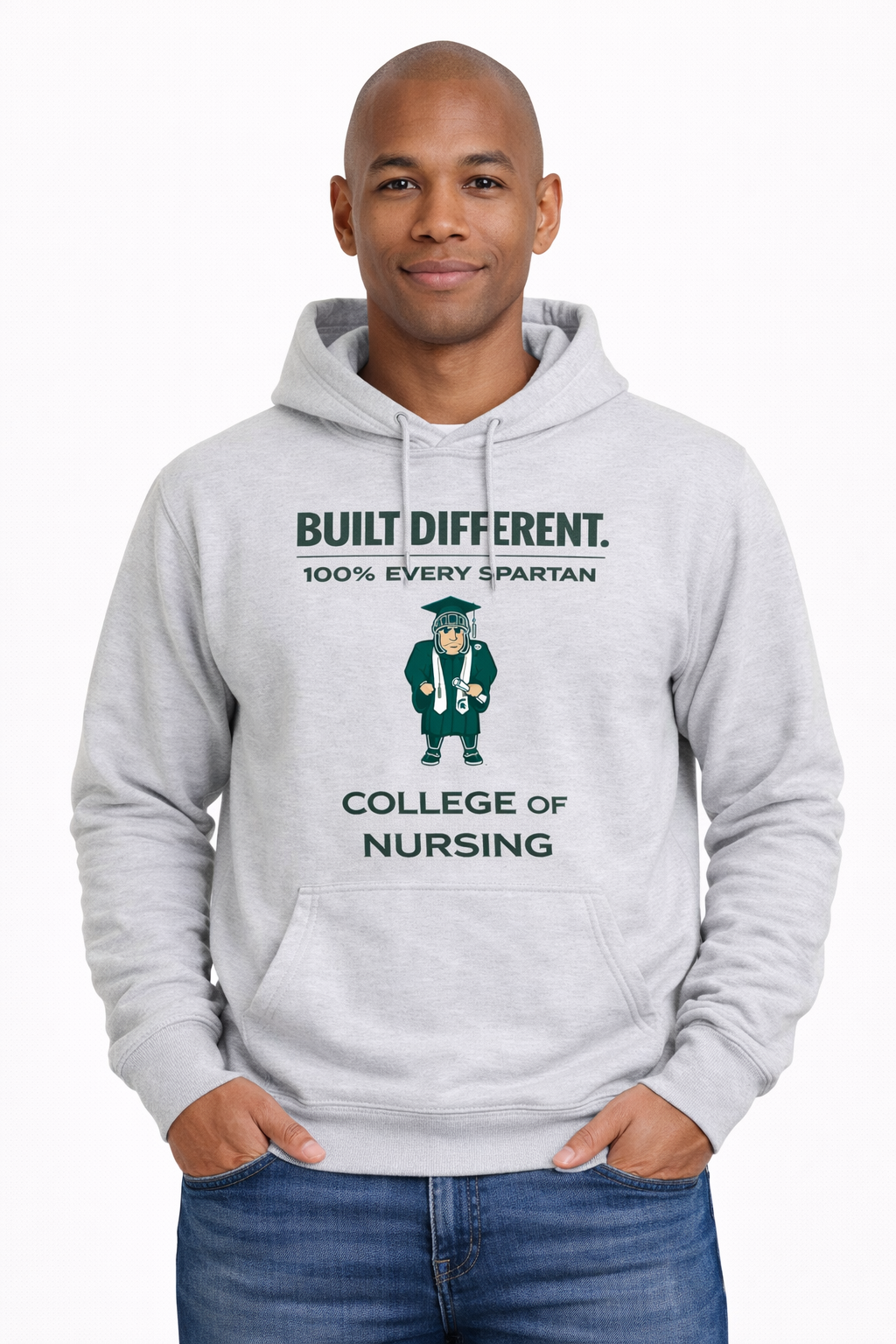 A light gray hoodie worn by a person, featuring the text 