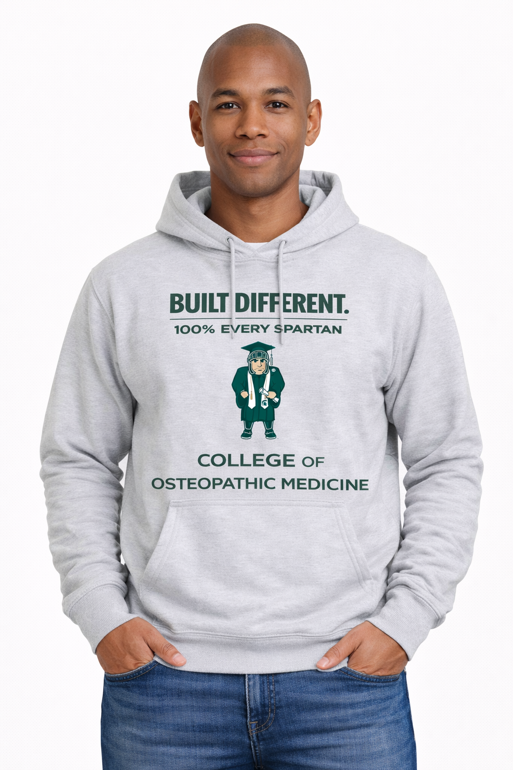 A grey hoodie featuring the text 