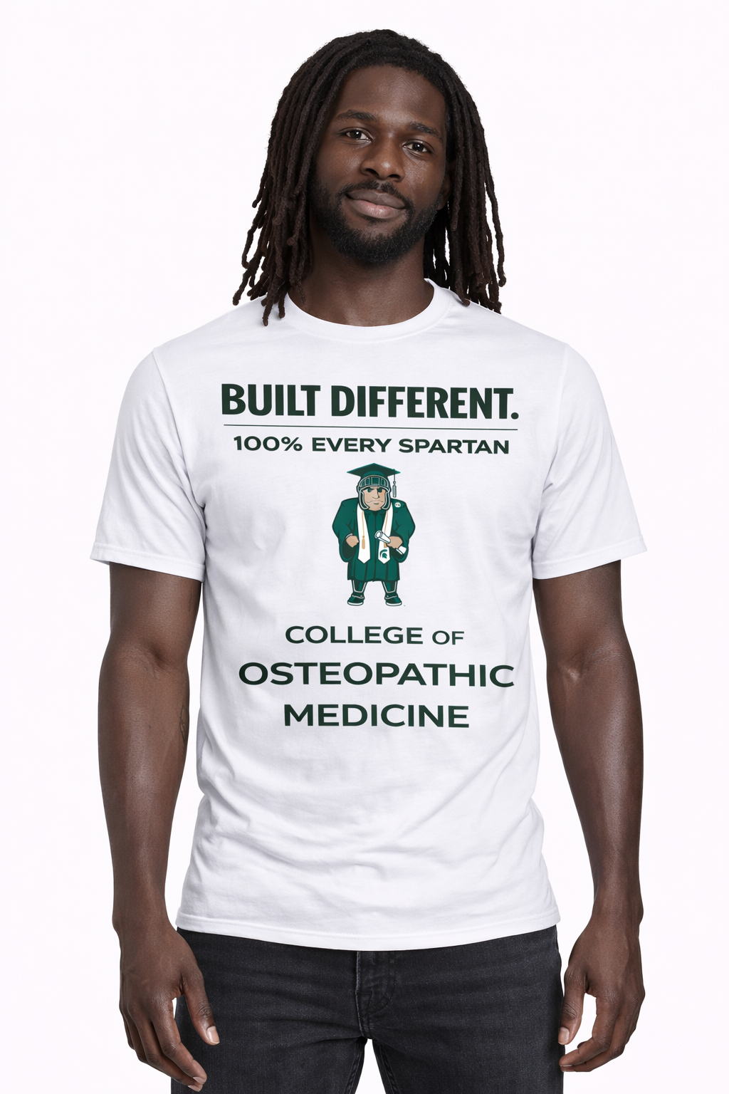 A person wearing a white t-shirt that says 