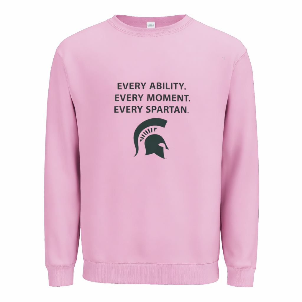 A light pink sweatshirt featuring a dark green Spartan helmet icon with the text 