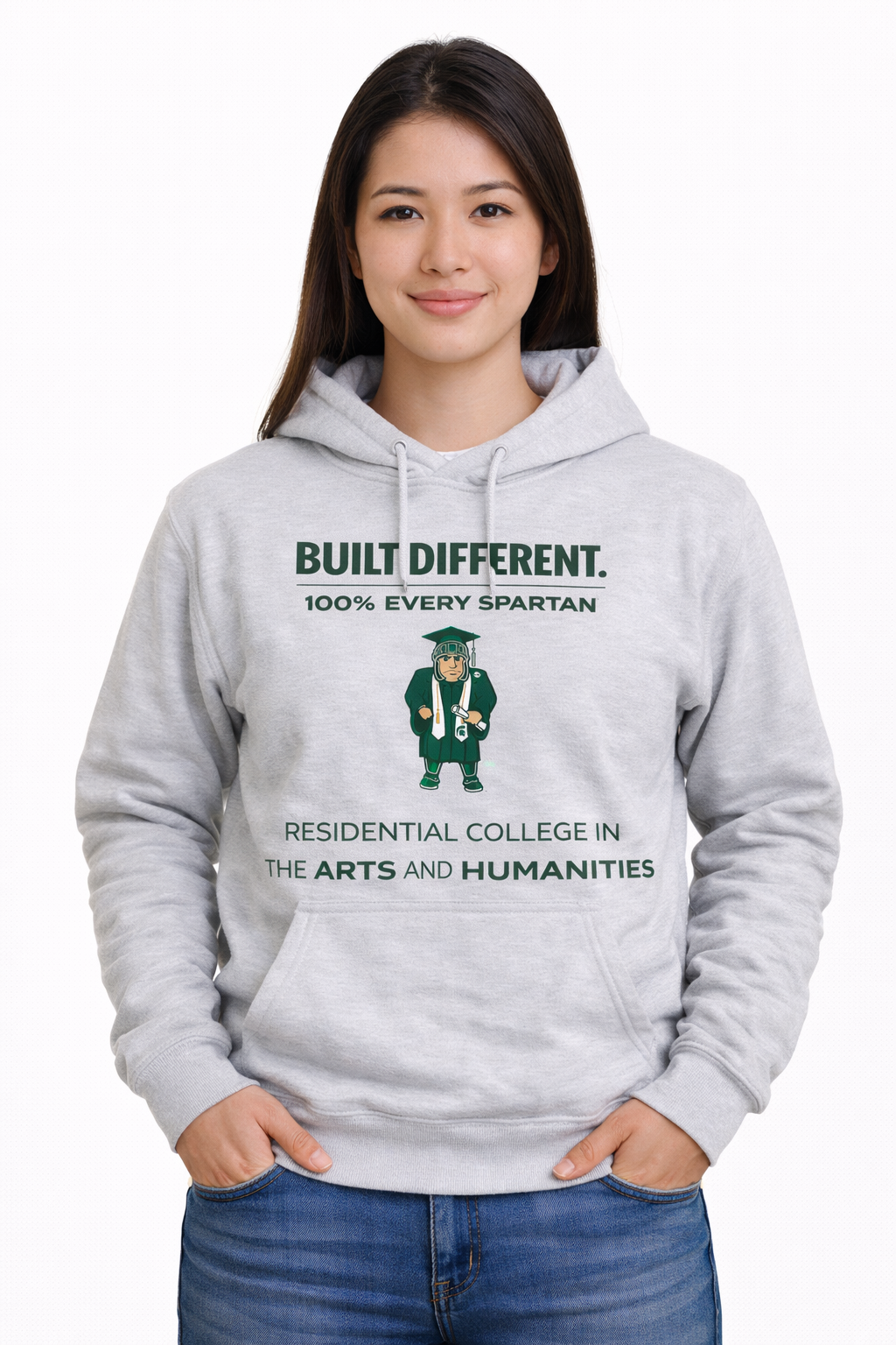 A light grey hoodie featuring the text 