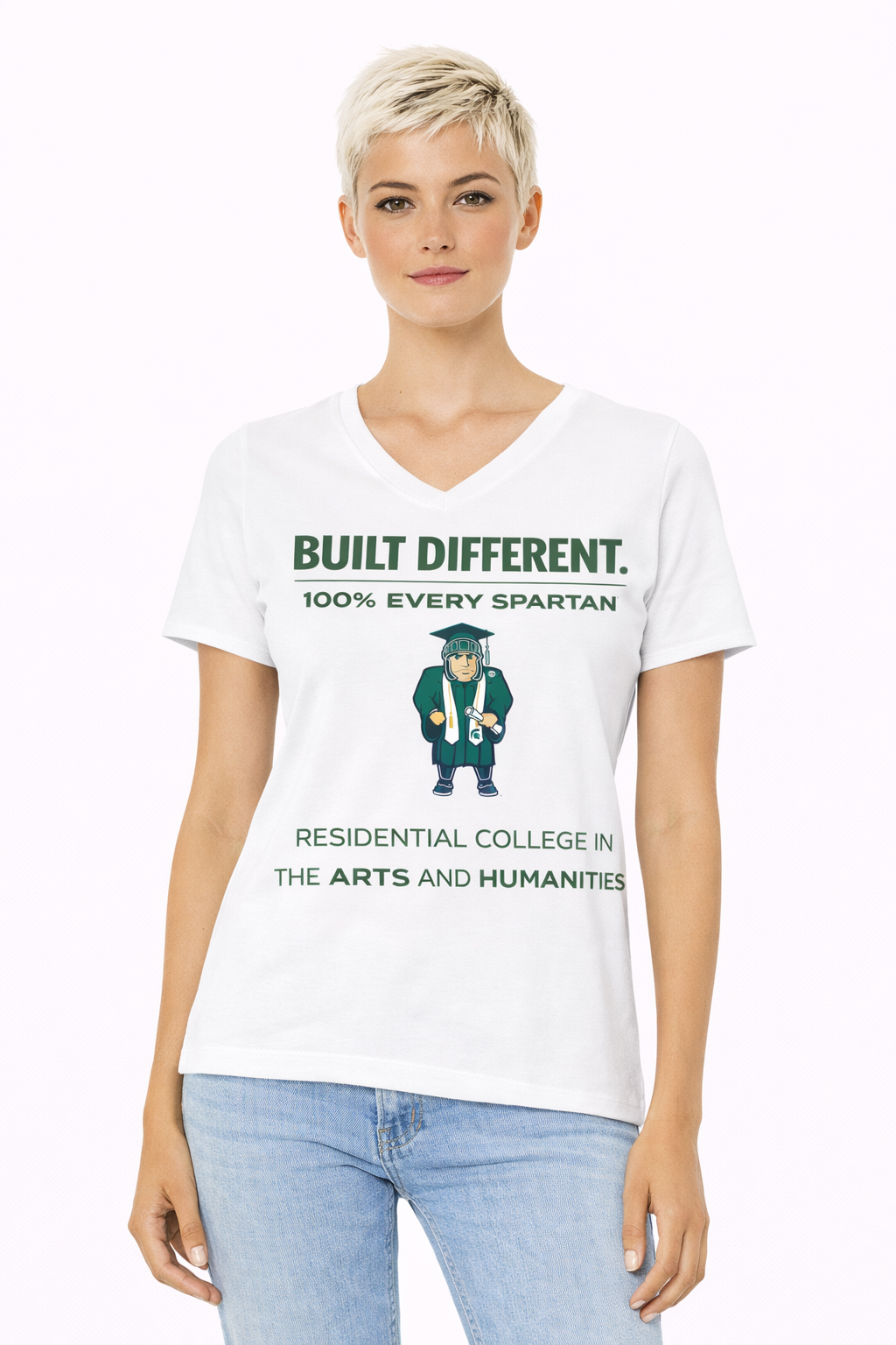 A woman wearing a white V-neck t-shirt that says 