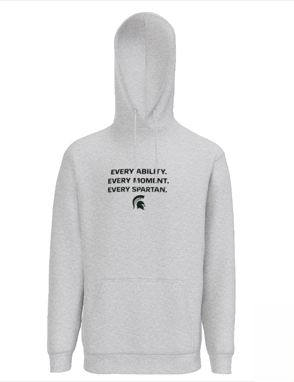 Light gray hooded sweatshirt with text 