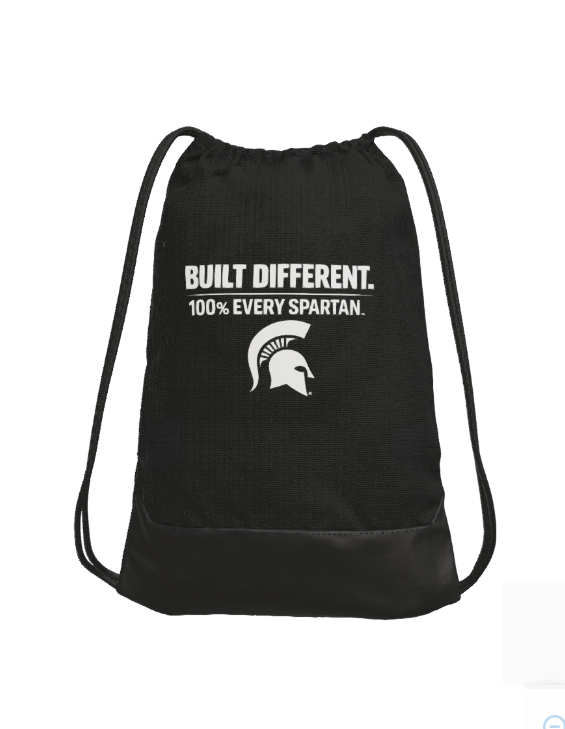 Black drawstring bag with white text 