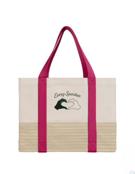 Cream tote bag with pink straps and a green heart-shaped hand design, 