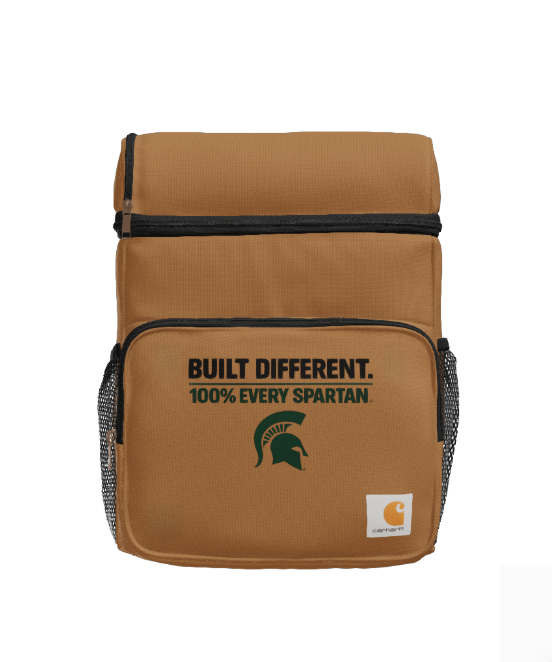 Brown Carhartt backpack cooler with Spartan logo and 