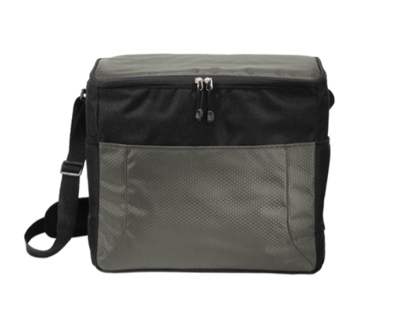 Gray and black insulated cooler bag with 