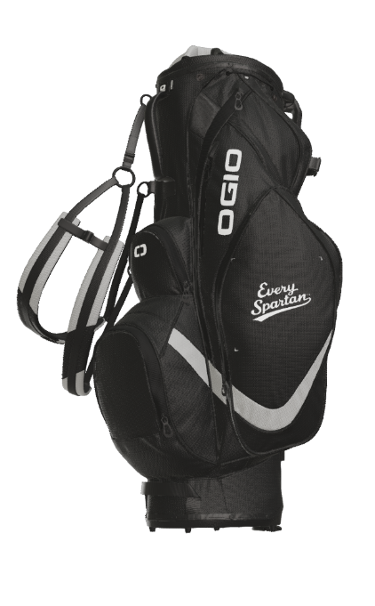 Black Ogio golf bag with white accents, shoulder straps, and Evans Spartan logo.
