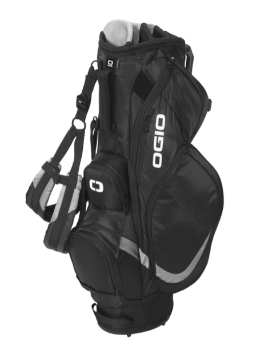 Black Ogio golf bag with white accents, shoulder straps, and Evans Spartan logo.