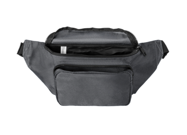 Gray fanny pack with black strap and 