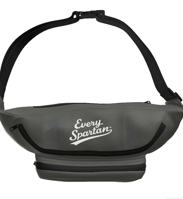 Gray fanny pack with black strap and 
