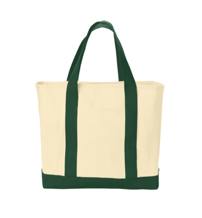 Cream-colored tote bag with dark green handles and trim, 