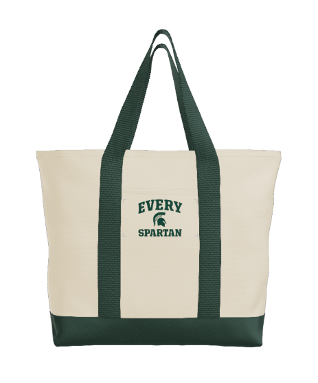 Cream-colored tote bag with dark green handles and trim, 