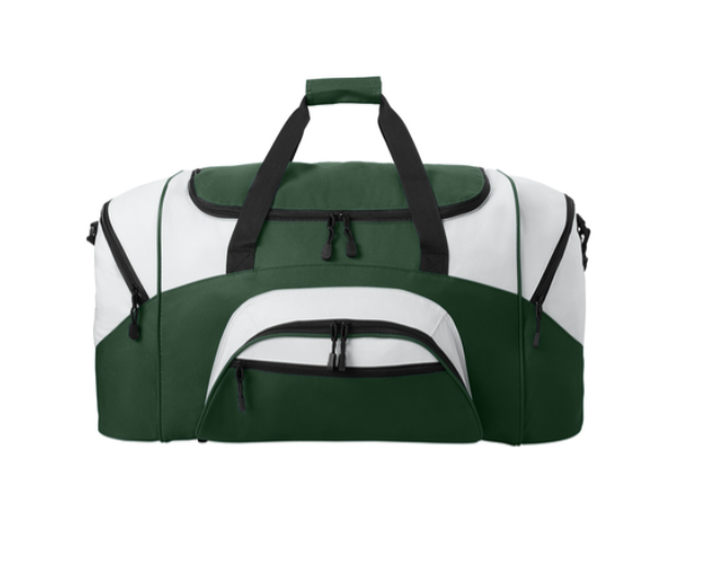 Green and gray duffel bag with 