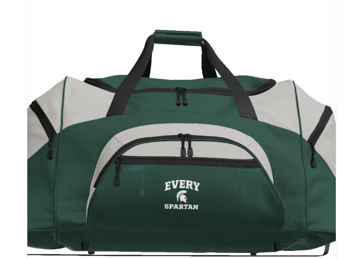 Green and gray duffel bag with 