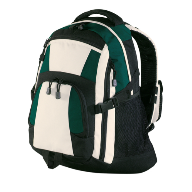 Green, black, and tan backpack with 