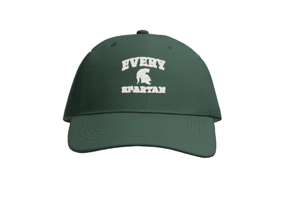 Green baseball cap with white text and Spartan helmet logo: 