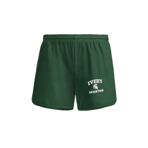 Dark green athletic shorts featuring white 