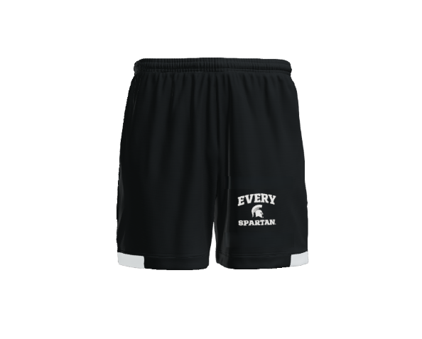 Black athletic shorts with white trim at the hem and a 