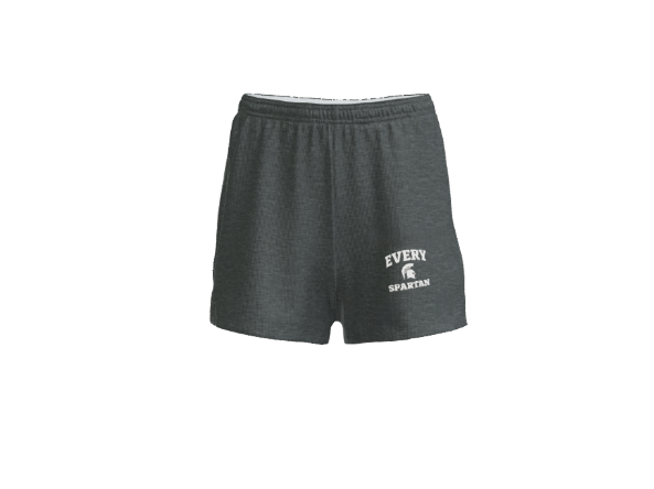 Dark gray athletic shorts featuring the white text 