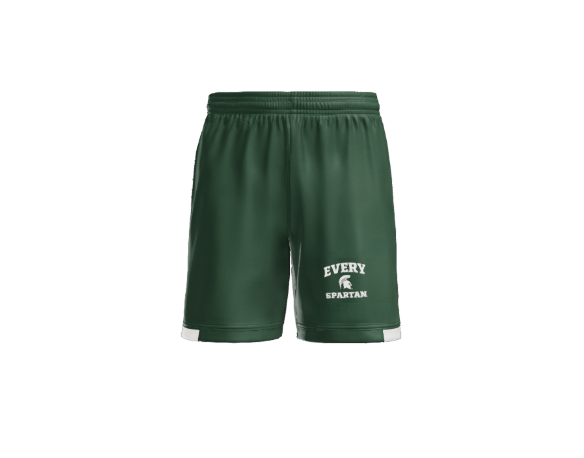 Green athletic shorts with white trim and text 