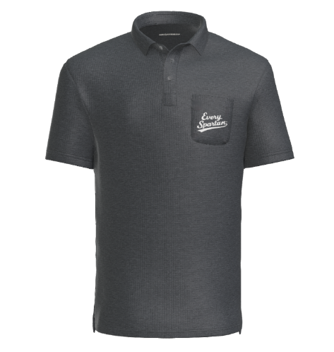 A dark gray heathered polo shirt with a breast pocket featuring the white embroidered logo 