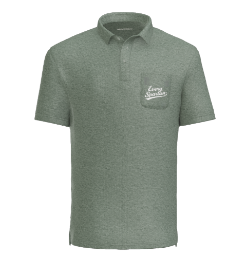 Green polo shirt with a breast pocket. Text on pocket says 
