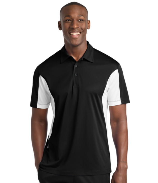 Black polo shirt with white side panels and 
