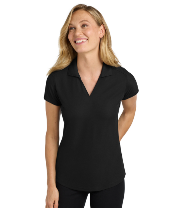 Black polo shirt with short sleeves, collared neckline, and logo on the chest.