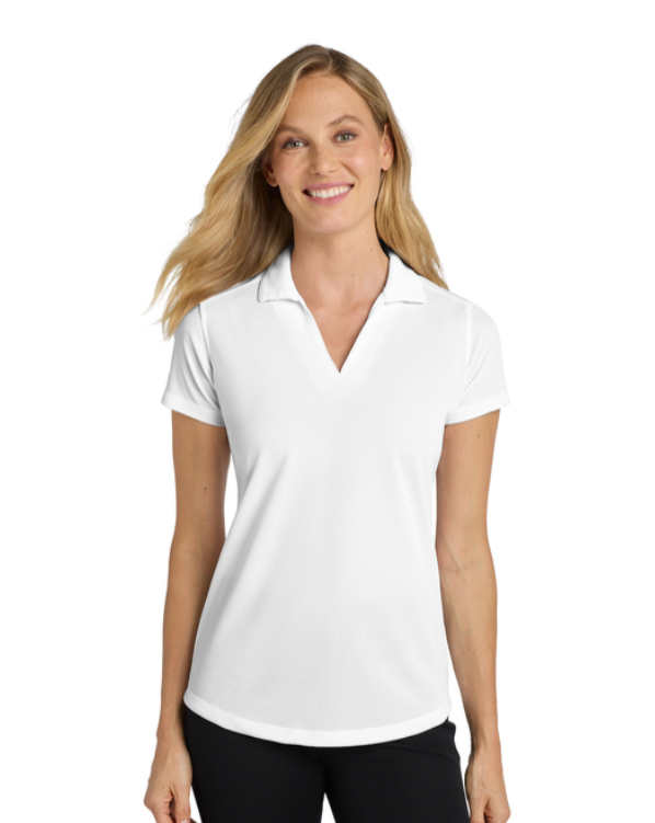 White short-sleeved polo shirt with a small green logo on the chest.