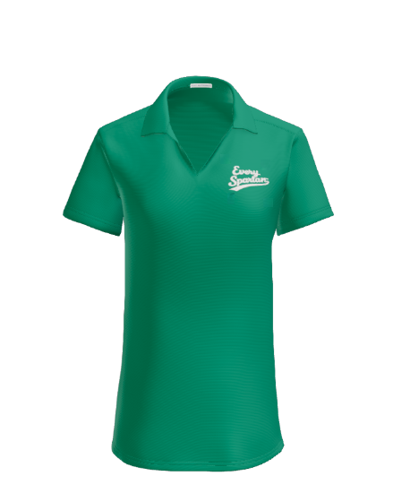Green v-neck polo shirt with white logo on the chest.