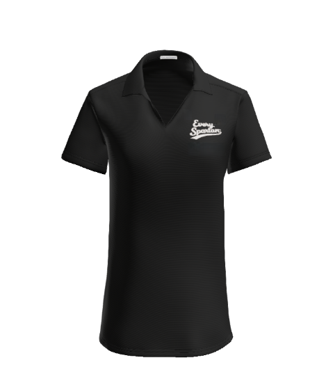 Green v-neck polo shirt with white logo on the chest.