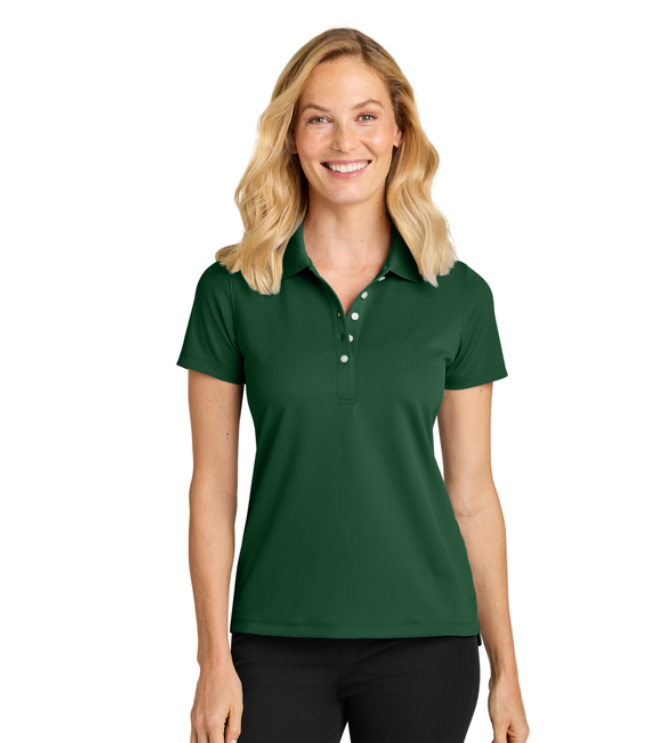 Green polo shirt with white logo and buttons.