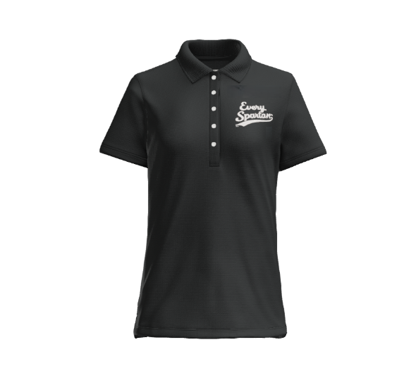 Green polo shirt with white logo and buttons.