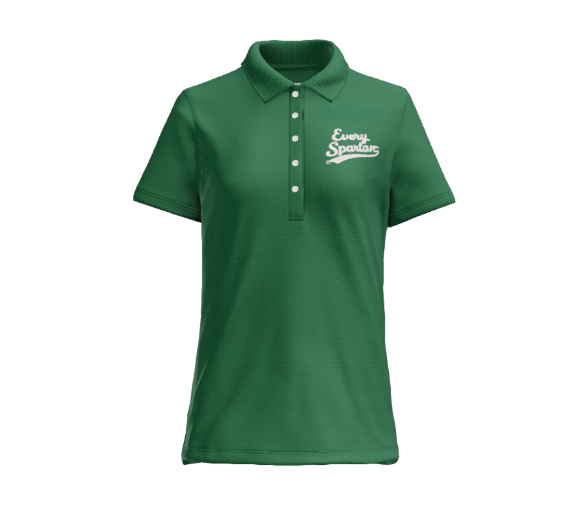 Green polo shirt with white logo and buttons.