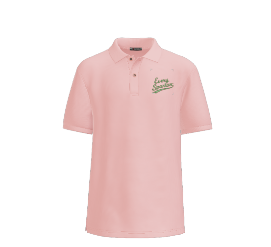 White polo shirt with green script logo on the chest.