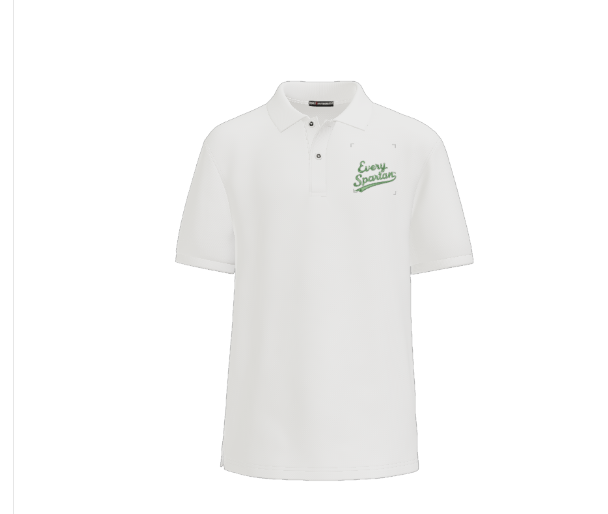 White polo shirt with green script logo on the chest.