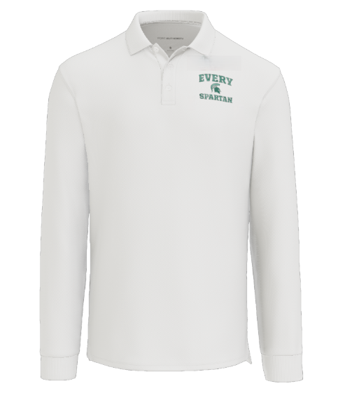 Gray long-sleeved polo shirt with a green logo on the chest: 